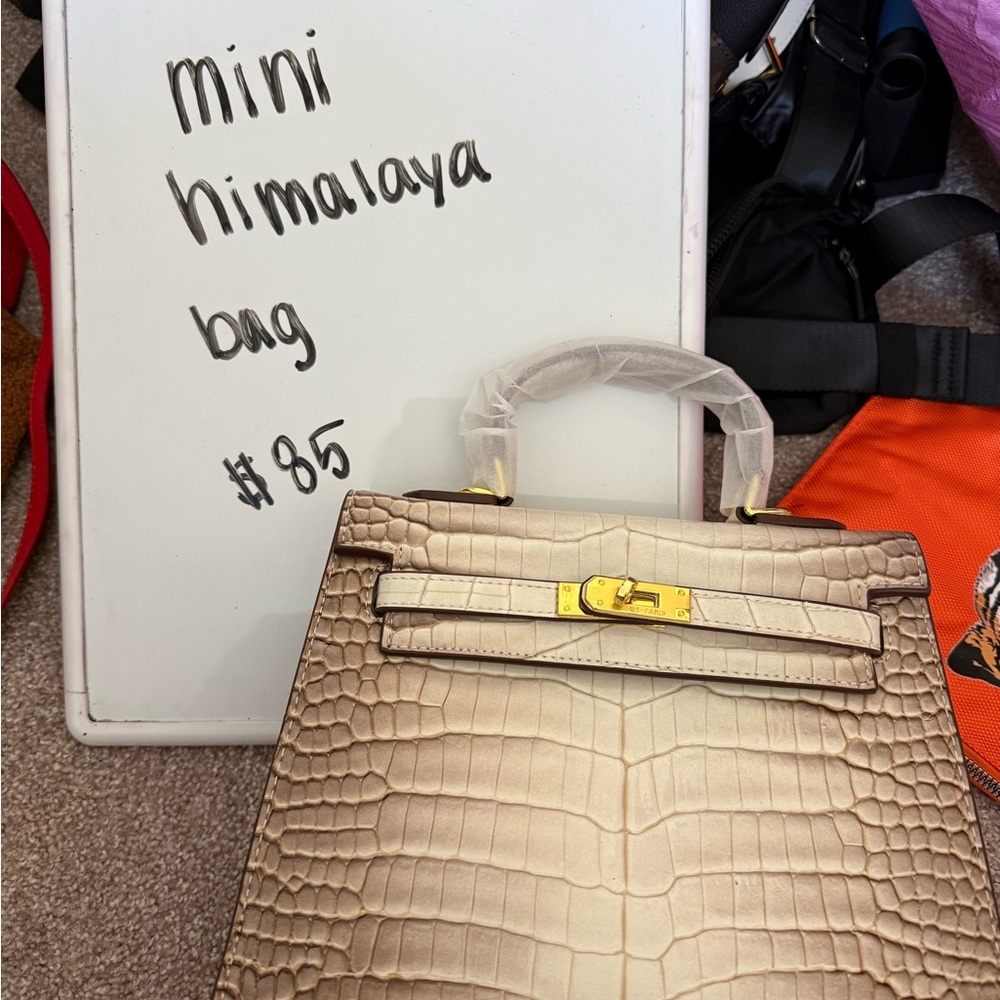 Croc-Embossed Top Handle Satchel in Cream with Gold Hardware
